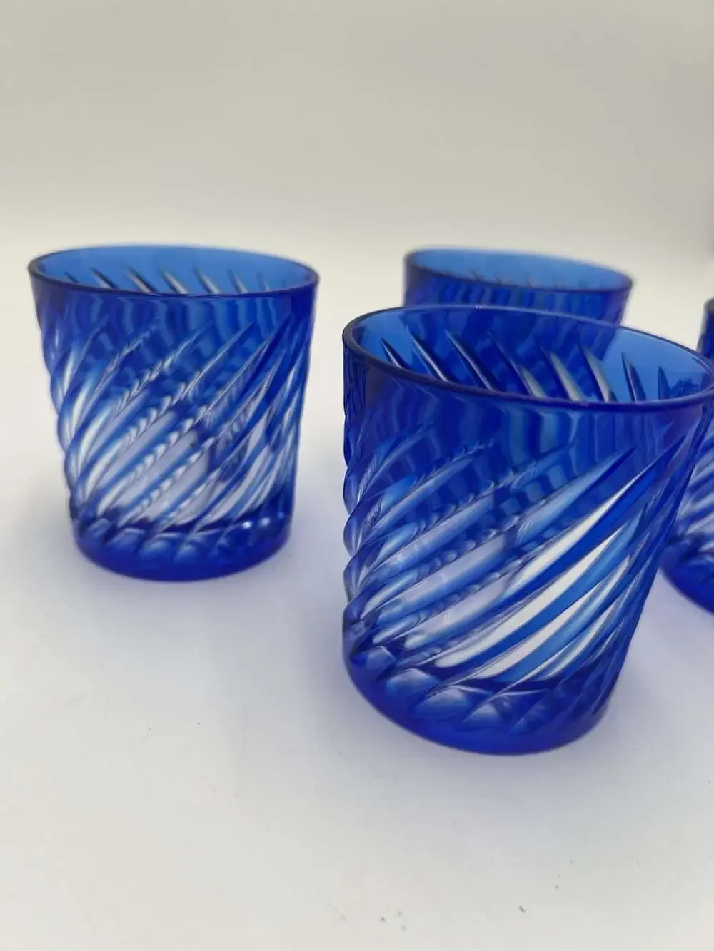 Vintage Cobalt Blue Cut to Clear Double Old Fashioned Glasses Swirl Set of 4
